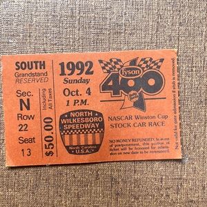 Ticket stub for 1992 Tyson 400 at North Wilkesboro Speedway.